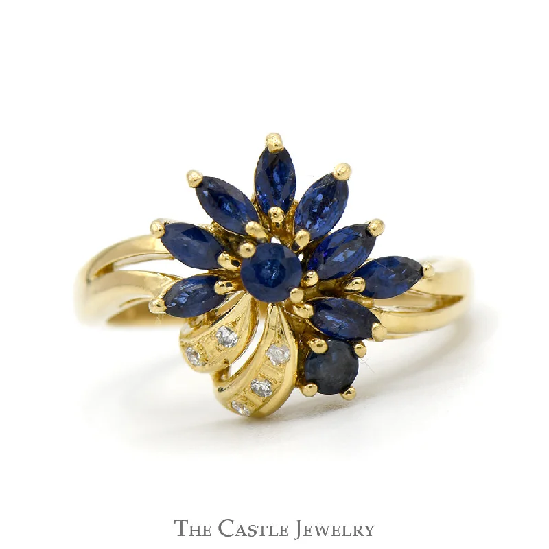 Elegant Rose Gold Engagement Ring-Marquise Sapphire & Round Diamond Flower Cluster Vintage Style Ring in 18k Yellow Gold