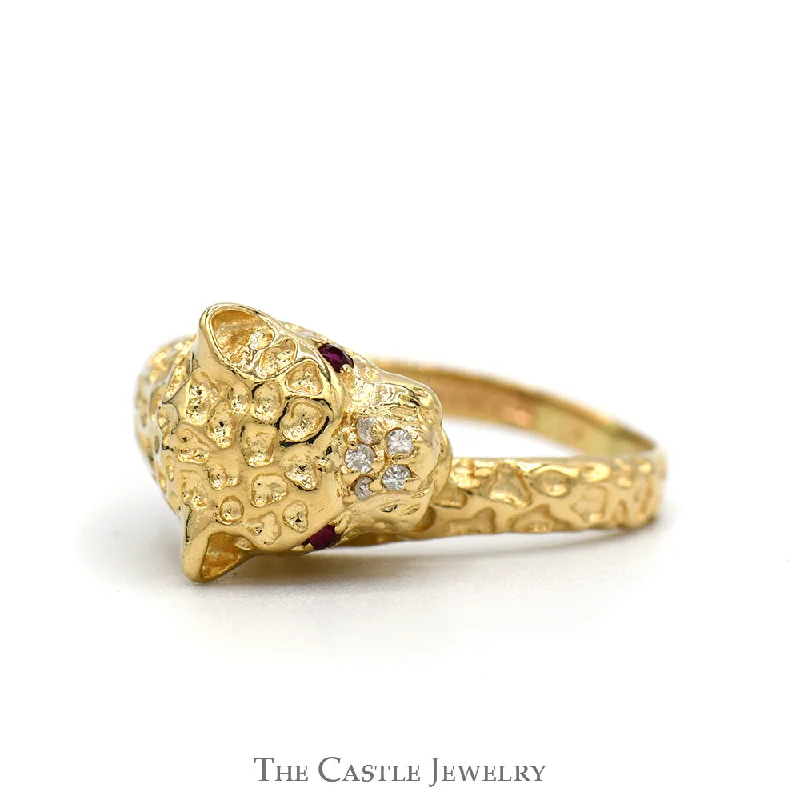 Sparkling Engagement Ring-Leopard Designed Ring with Ruby Eyes & Diamond Accents in 10k Yellow Gold