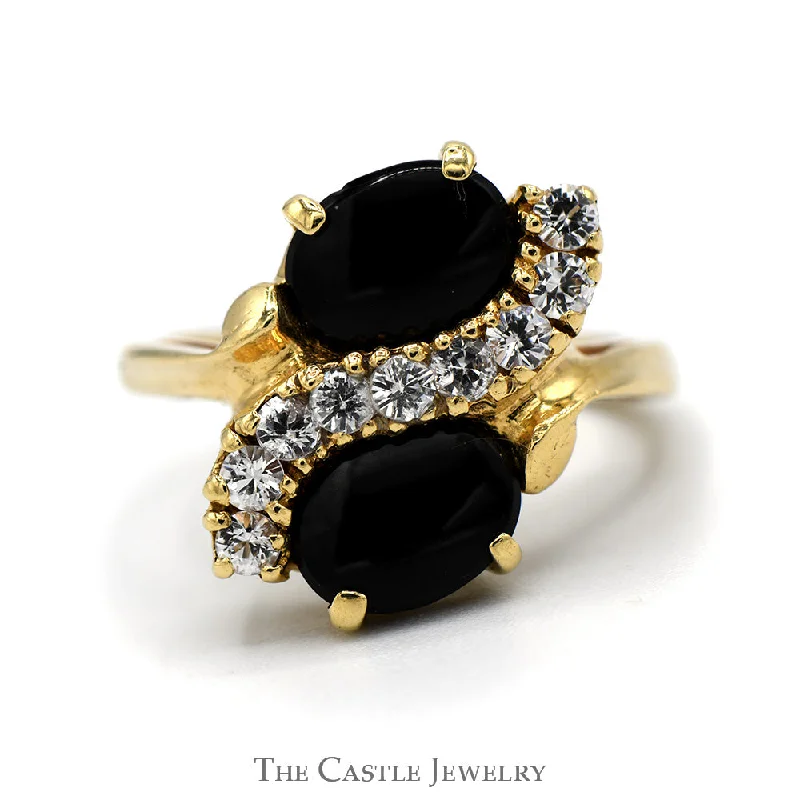 Bridal Engagement Ring-Double Oval Onyx Ring with White Topaz Accents in 14k Yellow Gold