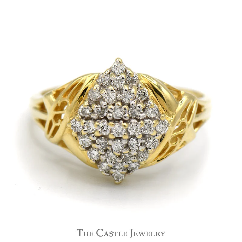 Gold Ring with Garnet-Marquise Shaped 1/2cttw Diamond Cluster Ring with Open X Designed Sides in 14k Yellow Gold