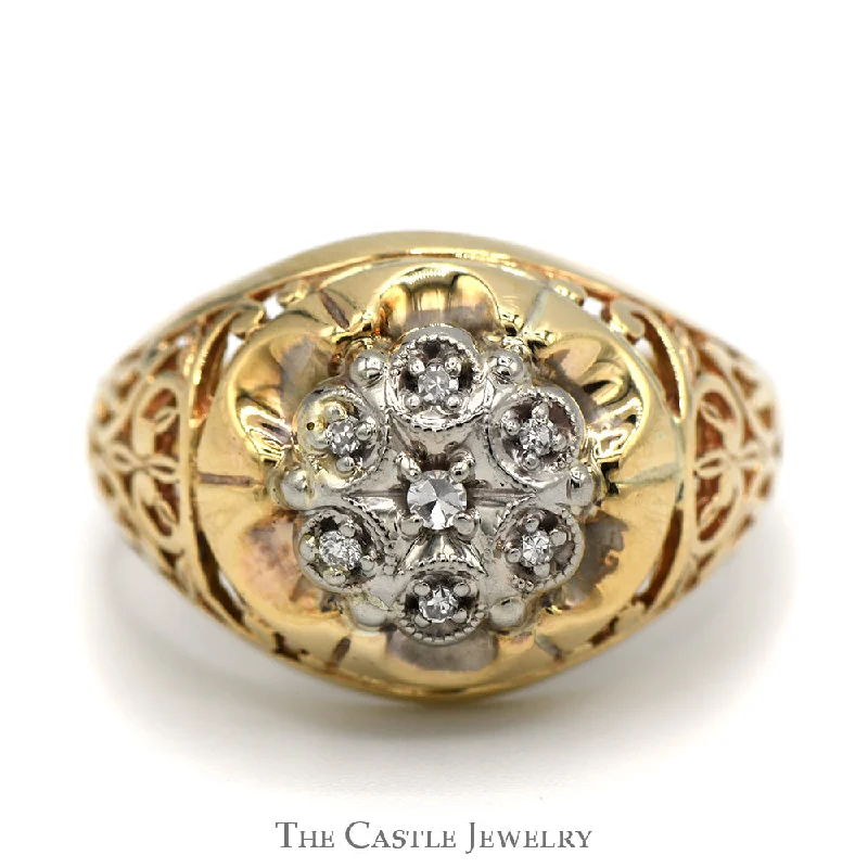 Custom Engagement Ring Set for Women-7 Diamond Kentucky Cluster Ring in 10k Yellow Gold Open Filigree Mounting