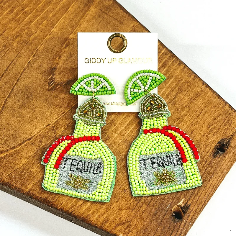 Gold Hoop Earrings-Beaded Tequila Bottle with Lime Studs in Lime Green