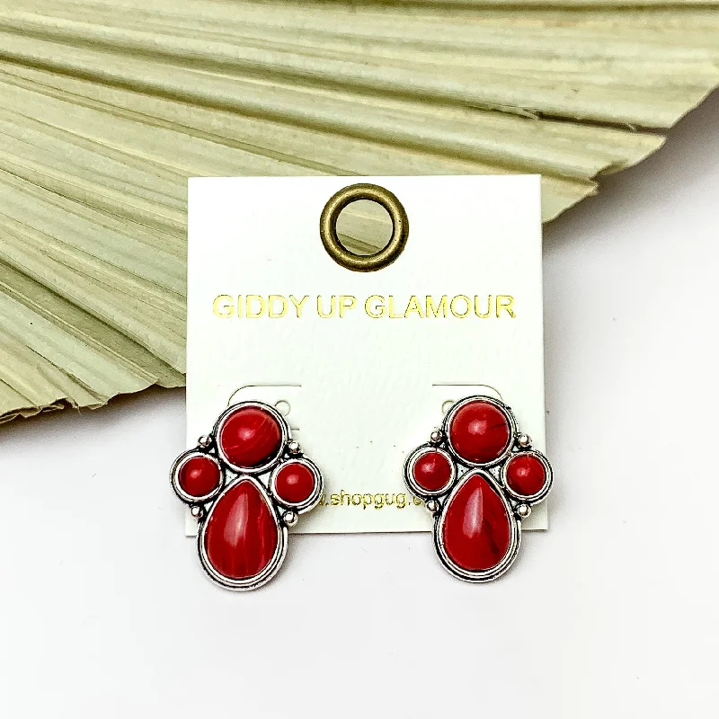 Elegant Gemstone Drop Earrings-Silver Tone Cluster Stone Earrings in Red