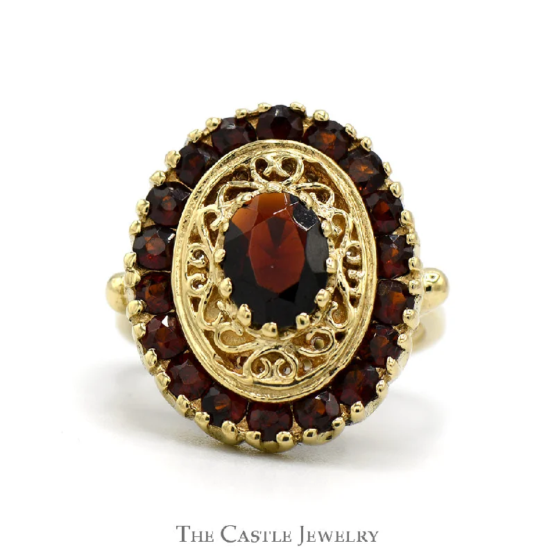 Large Engagement Ring-Oval Cut Garnet Shield Ring with Garnet Halo and Open Filigree Design in 10k Yellow Gold