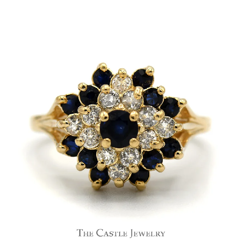 Fashionable Gold Engagement Ring-Vintage Style Sapphire & Diamond Cluster Ring in 14k Yellow Gold