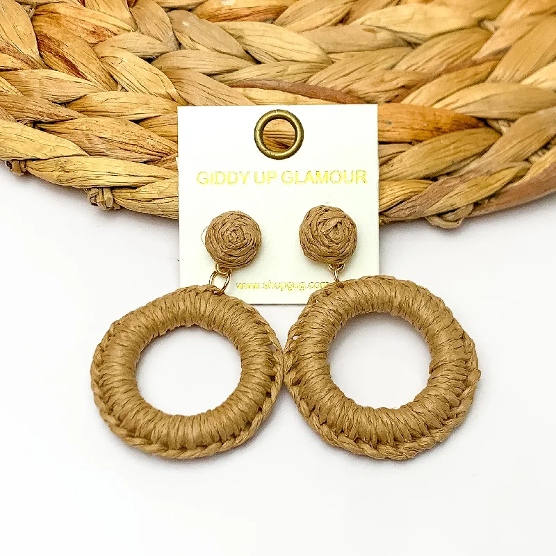 Simple Hoop Earrings-Beachside Café Raffia Wrapped Circle Earrings in Brown