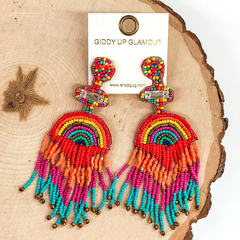 Gold Plated Earrings-Balcony Views Seed Bead Fringe Earrings in Multicolored