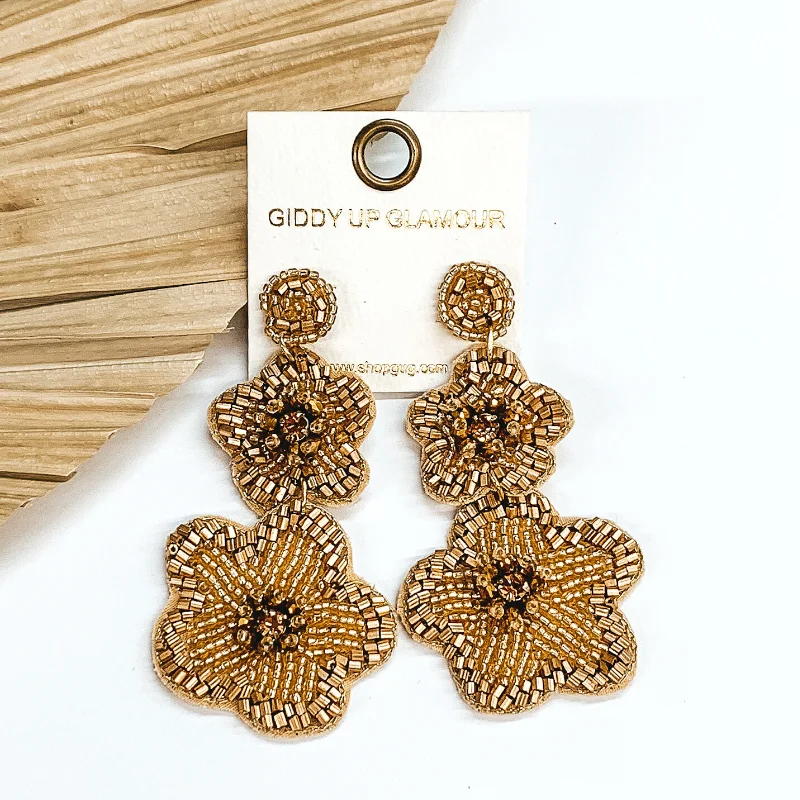 Handmade Earrings for Weddings-Beaded Two Tiered Flower Earrings in Gold