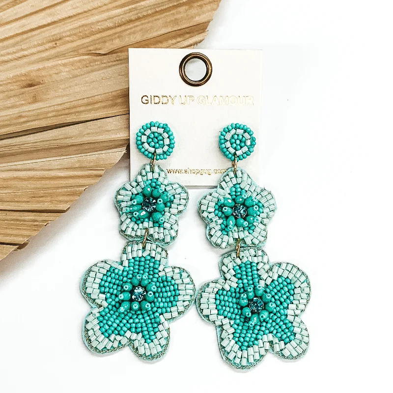 Modern Drop Earrings-Beaded Two Tiered Flower Earrings in Turquoise Blue