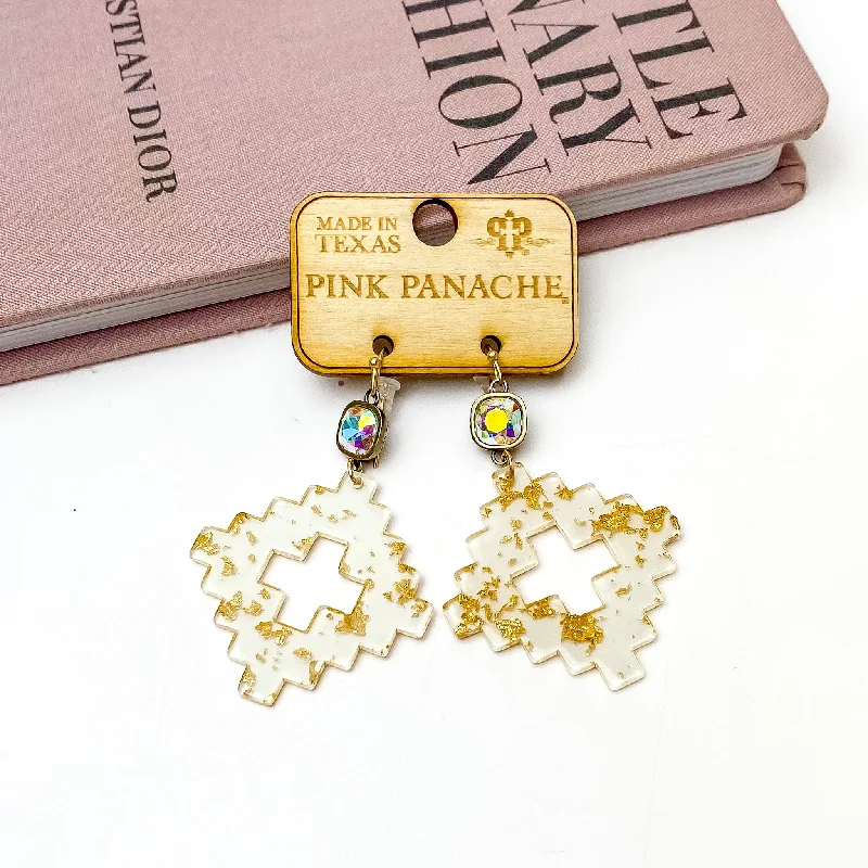 Large Drop Earrings-Pink Panache | AB Cushion Cut Drop Earrings with White and Gold Acrylic Pendant