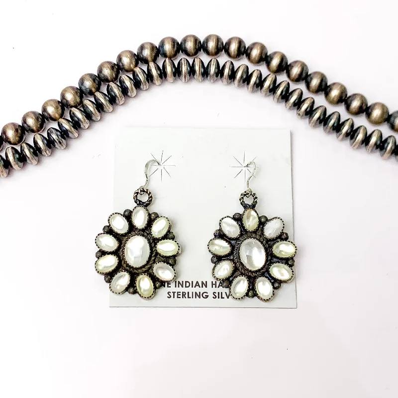 Modern Drop Earrings-Daniel Benally | Navajo Handmade Sterling Silver Flower Dangling Cluster Earrings with White Water Pearl Stones