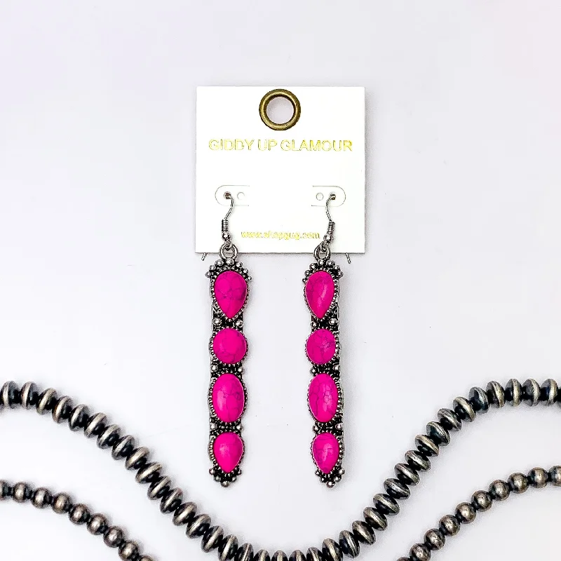 Gold Earrings for Teens-Western Connection Silver Tone Earrings With Four Stones in Fuchsia