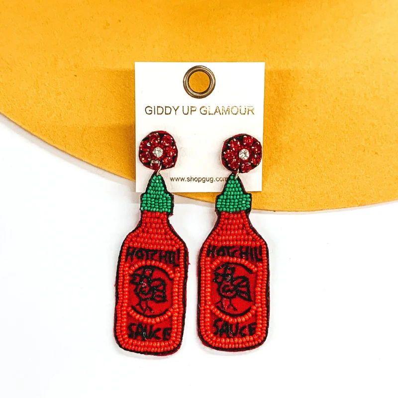 Modern Silver Drop Earrings-Hot Sauce Beaded Earrings in Red