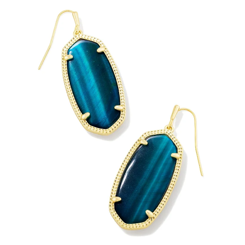 Dangle Earrings with Gems-Kendra Scott | Elle Gold Drop Earrings in Teal Tiger's Eye