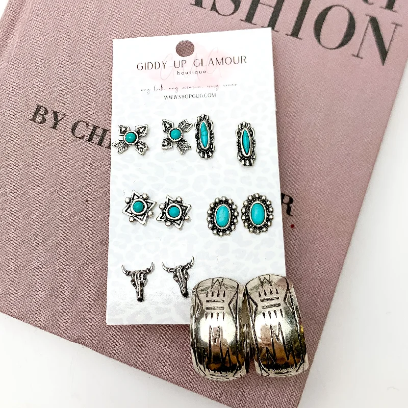 Unique Earrings for Bridesmaids-Set of Six | Turquoise Blue and Silver Tone Western Design Stud Earrings