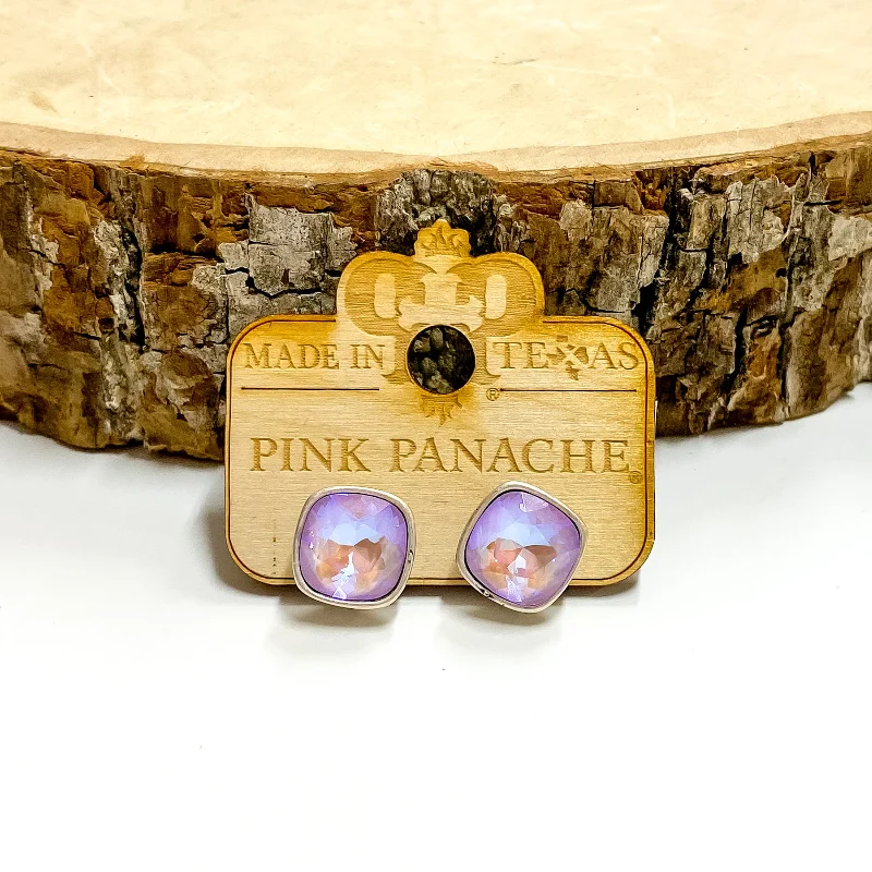 Unique Diamond Earrings-Pink Panache | Silver Tone Stud Earrings with Cushion Cut Crystals in Lavender