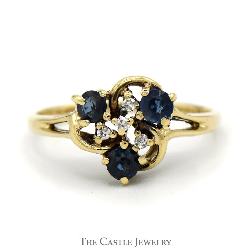 Gorgeous Wedding Ring Set-Round Sapphire and Diamond Cluster Ring with Split Shank Sides in 14k Yellow Gold