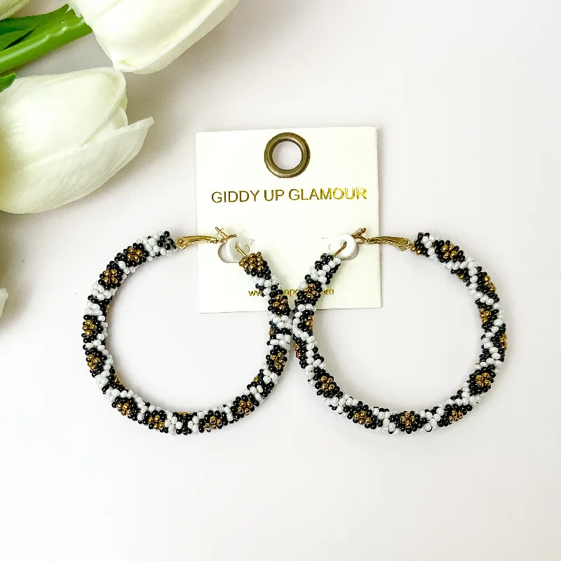 Retro Earrings for Women-White, Black, and Gold Tone Pattern Beaded Hoops