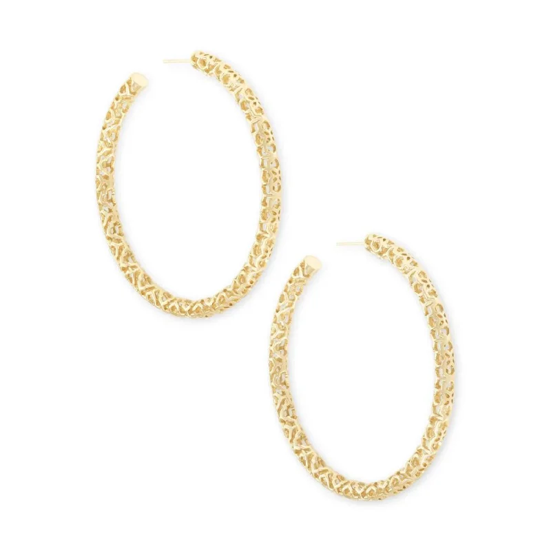 Simple Silver Earrings-Kendra Scott | Maggie Hoop Earrings in Gold Filigree