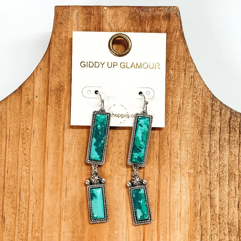 Modern Gold Earrings-Two Rectangle Drop Earrings with Faux Green Stones in Silver Tone