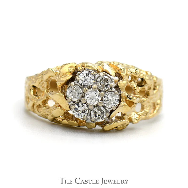 Unique Men's Wedding Ring-Round 7 Diamond Cluster Ring with Open Nugget Designed Sides in 14k Yellow Gold