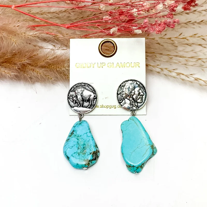 Elegant Drop Earrings-Turquoise Stone Earrings With Silver Tone Coin Posts