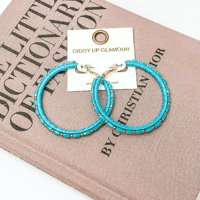 Statement Earrings for Evening-Circle Beaded Hoop Earrings with Gold Tone Spacers in Turquoise