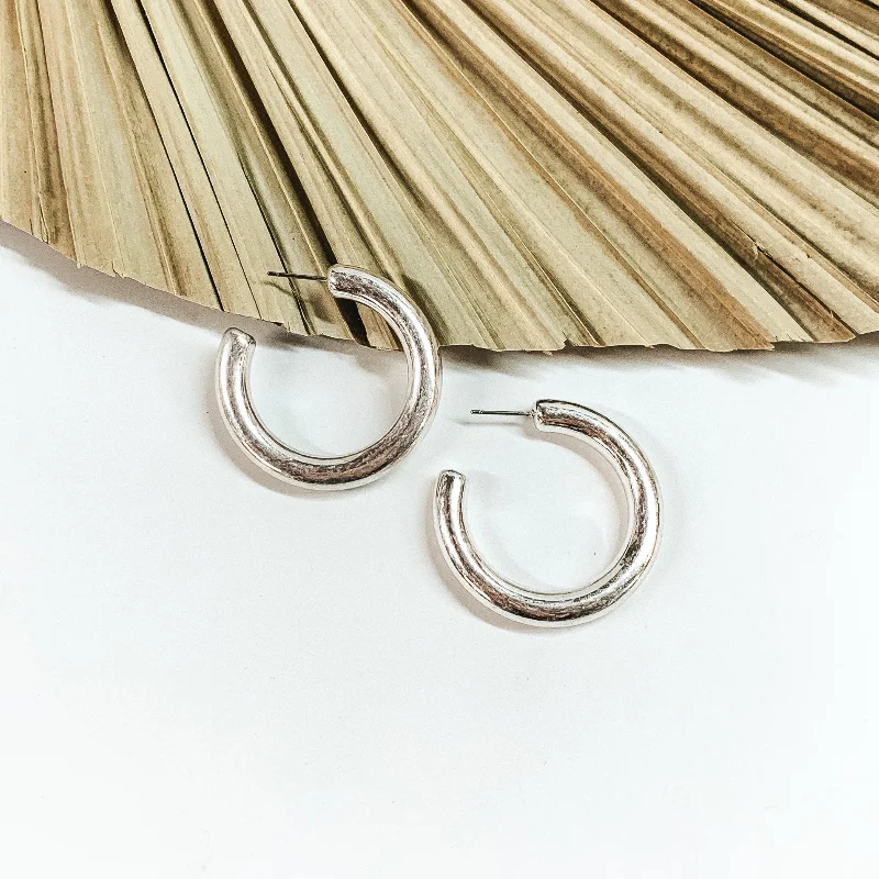 Rose Gold Earrings-Clean Slate Medium Hoop Earrings in Worn Silver Tone