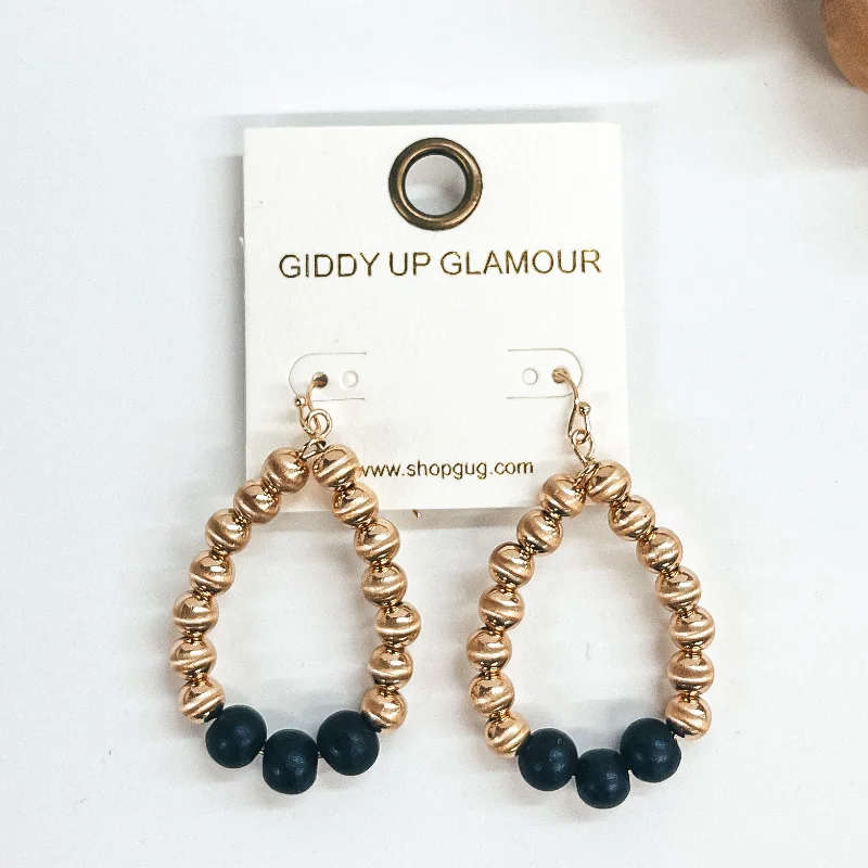 Unique Gold Earrings-Gold Beaded Teardrop Earrings with Wood Beads in Black