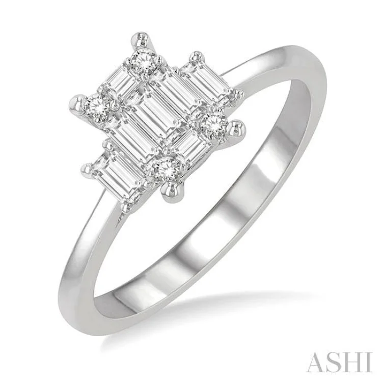 Designer Promise Ring-1/2 ctw Fusion Baguette and Round Cut Diamond Engagement Ring in 14K White Gold