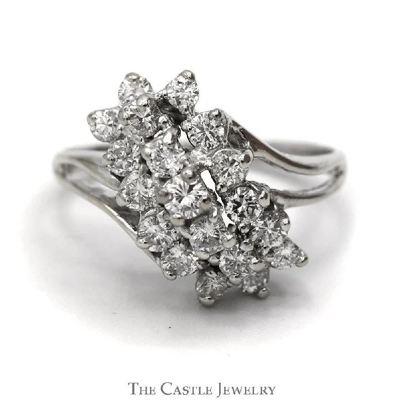 Platinum Diamond Ring-3/4cttw Diamond Waterfall Cluster Ring in 14k White Gold Split Shank Design