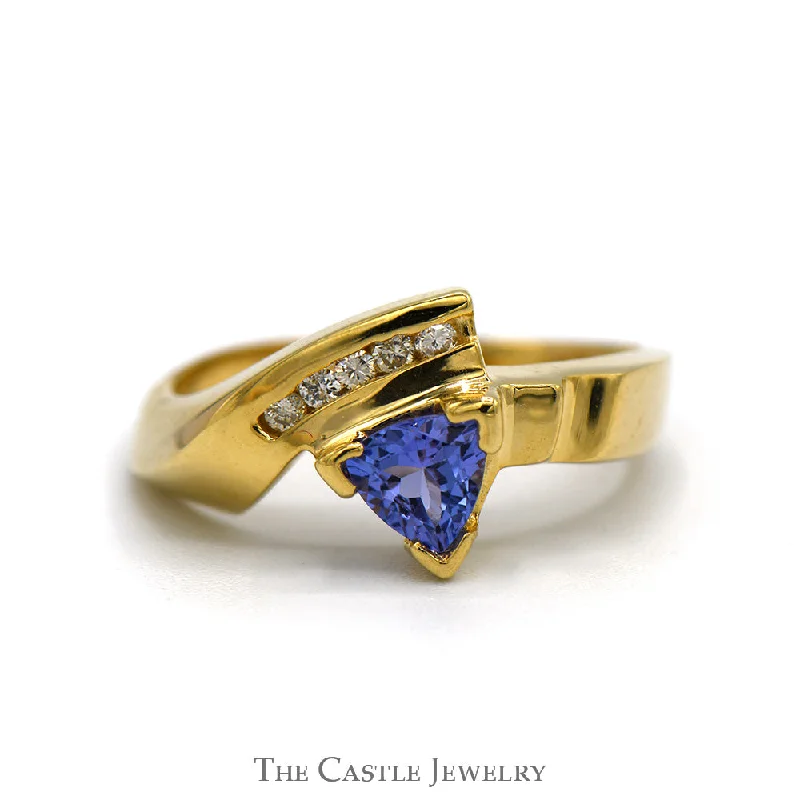 Silver Ring for Women-Trillion Cut Tanzanite Ring with Channel Set Diamond Accents in 14k Yellow Gold Bypass Mounting