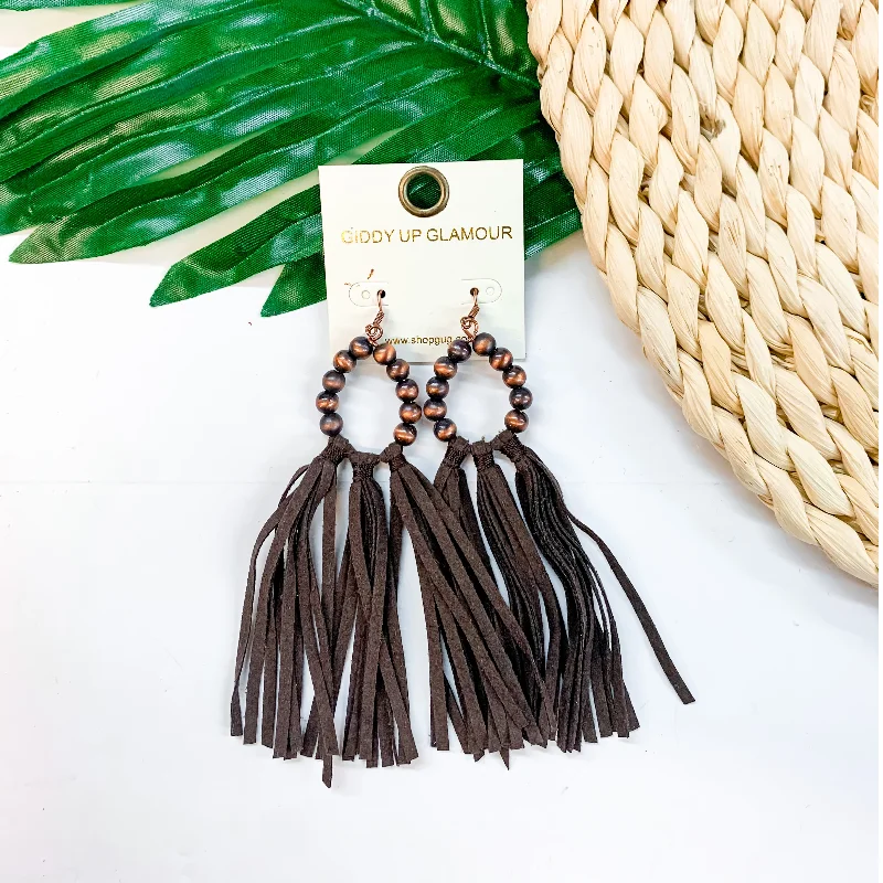 Large Stud Earrings-Feelin' Fabulous Navajo Teardrop Earrings With Leather Tassels in Copper Tone and Brown