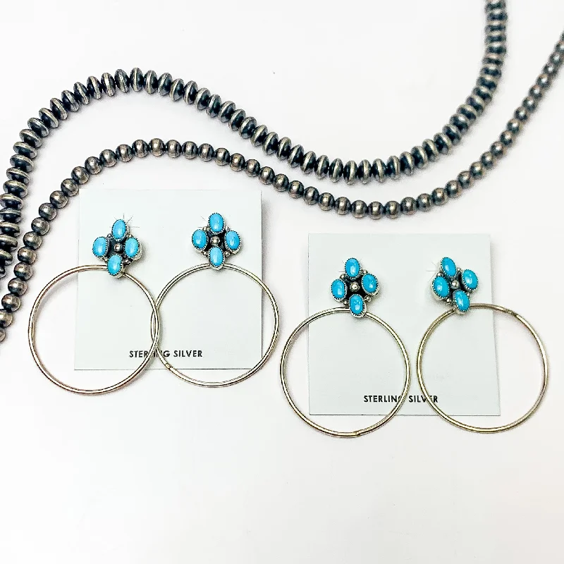 High-End Wedding Earrings-Anthony Skeets | Navajo Handmade Sterling Silver Hoop Earrings with Four Stone Sleeping Beauty Turquoise Cluster Studs