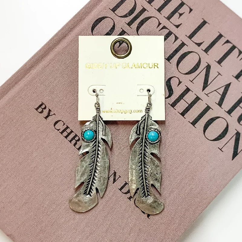 Elegant Wedding Earrings-Silver Tone Feather Drop Earrings with Turquoise Blue Stones