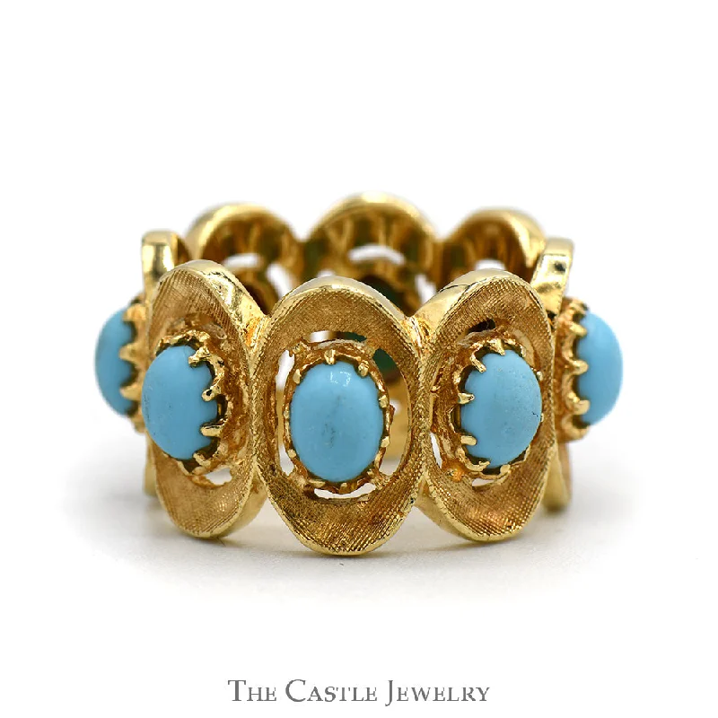 Antique Wedding Ring Set-Oval Cabochon Turquoise Eternity Band with Brushed Detail in 14k Yellow Gold