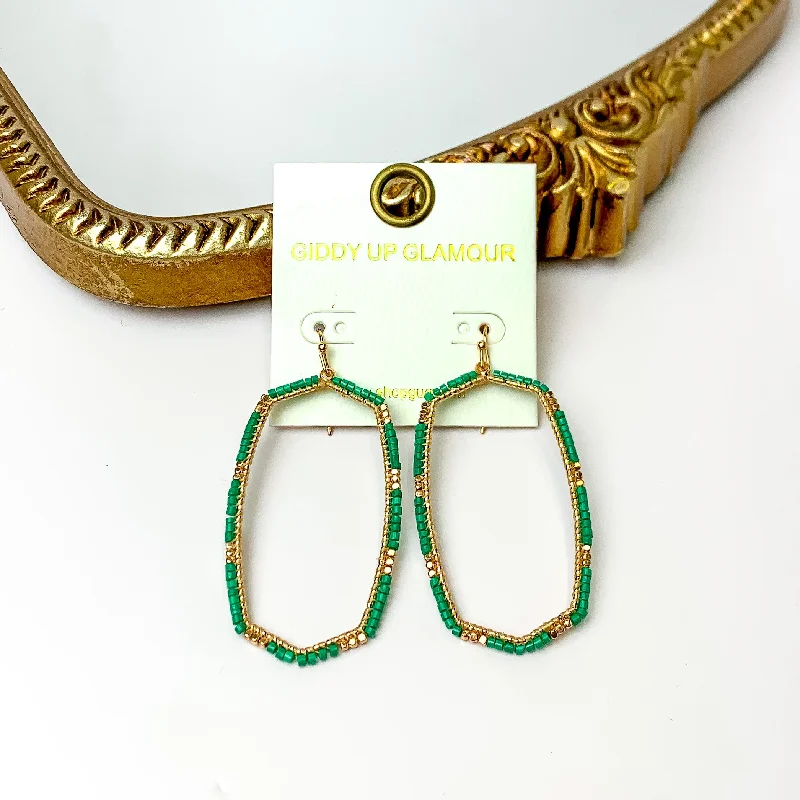 Sparkling Hoop Earrings-Green Beaded Open Large Drop Earrings with Gold Tone Accessory