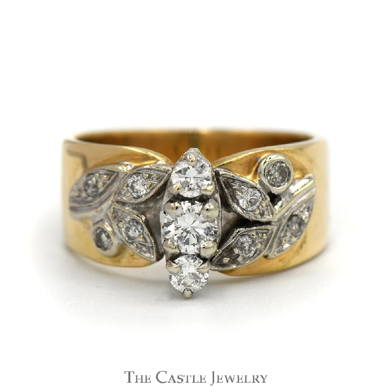 Fashionable Gold Engagement Ring-Vertical Three Stone Diamond Ring with Leaf Designed Diamond Accented Sides in 14k Yellow Gold