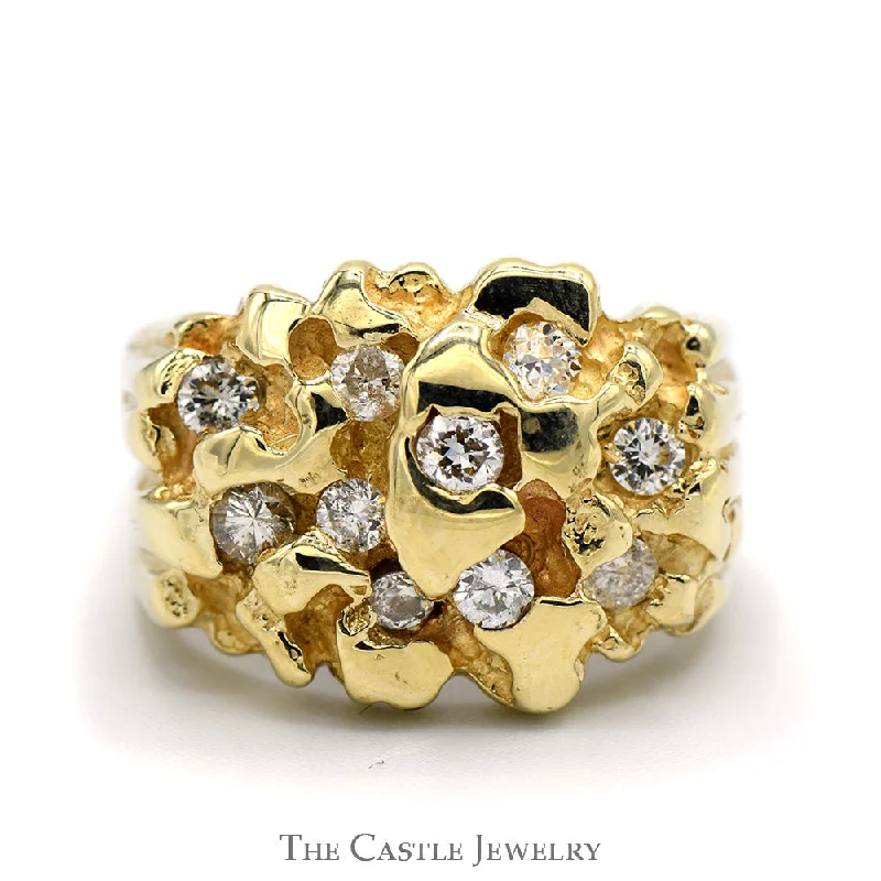 Men's Engagement Ring with Diamonds-3/4cttw Diamond Cluster Nugget Designed Men's Ring in 10k Yellow Gold