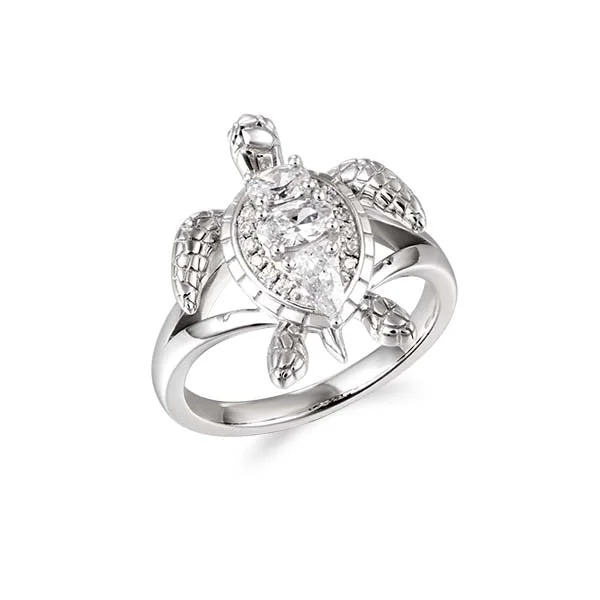 Platinum Engagement Ring-Life@Sea Genuine Sterling Silver & Cubic Zirconia Pave & 3-stone Sea Turtle Ring