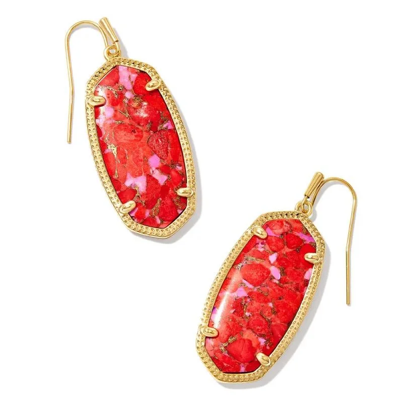 Silver Statement Earrings-Kendra Scott | Elle Gold Drop Earrings in Bronze Veined Red Fuchsia Magnesite