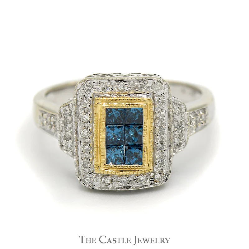 Unique Wedding Ring Set for Men-Invisiset Blue Diamond Cluster Ring with Diamond Halo and Accents in 14k Two Tone Gold