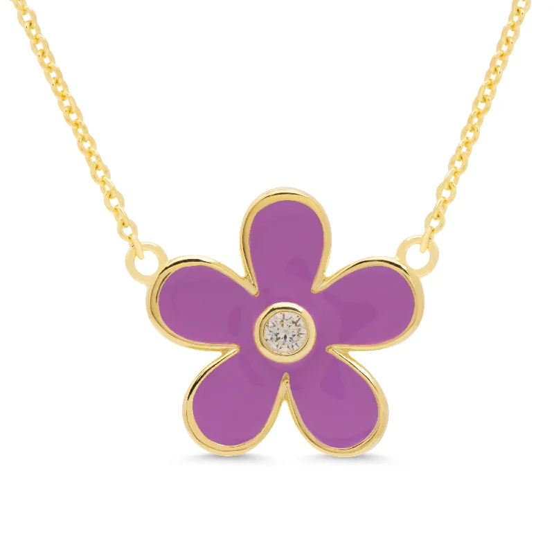 Gold Chain Necklace for Women-Flower CZ Pendant - Purple