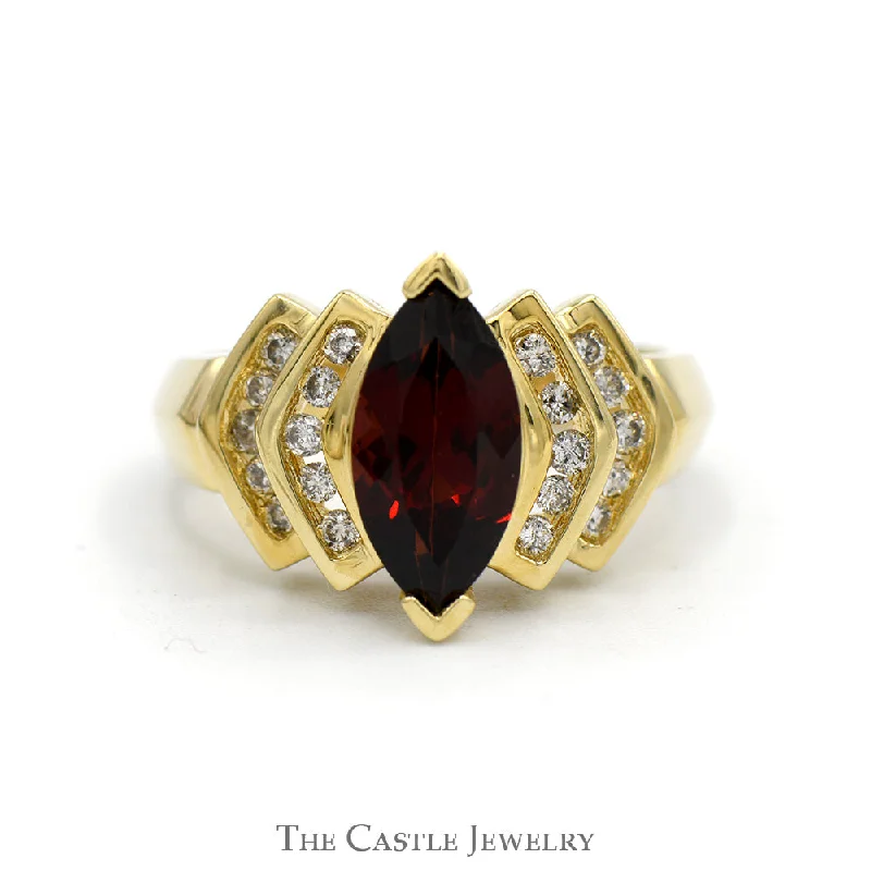 Custom Initial Ring-Marquise Shaped Garnet Solitaire Ring with Diamond Accents in 14k Yellow Gold