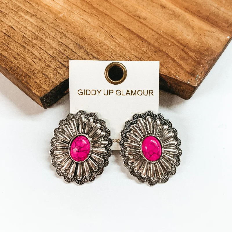 Wedding Jewelry Earrings-Silver Tone Concho Earrings with Faux Center Stone in Fuchsia Pink