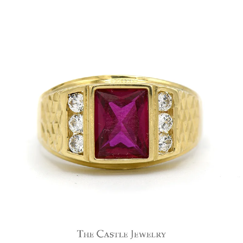 Simple Silver Engagement Ring-Rectangle Shaped Synthetic Ruby Ring with Channel Set Cubic Zirconia Sides in 14k Yellow Gold