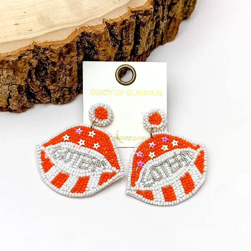 Designer Earrings for Special Occasions-GO TEAM Beaded Lips Post Earrings in Orange and White