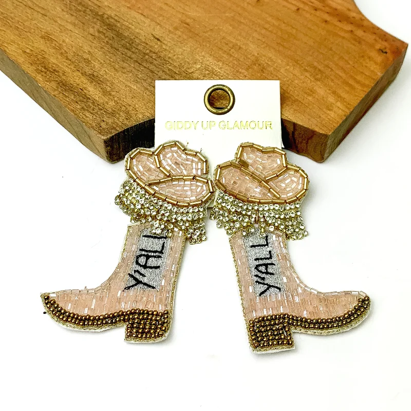 Dangle Earrings with Gems-Beaded Cowboy Hat and Boot Earrings in Pale Pink and Gold Tone with Clear Crystal