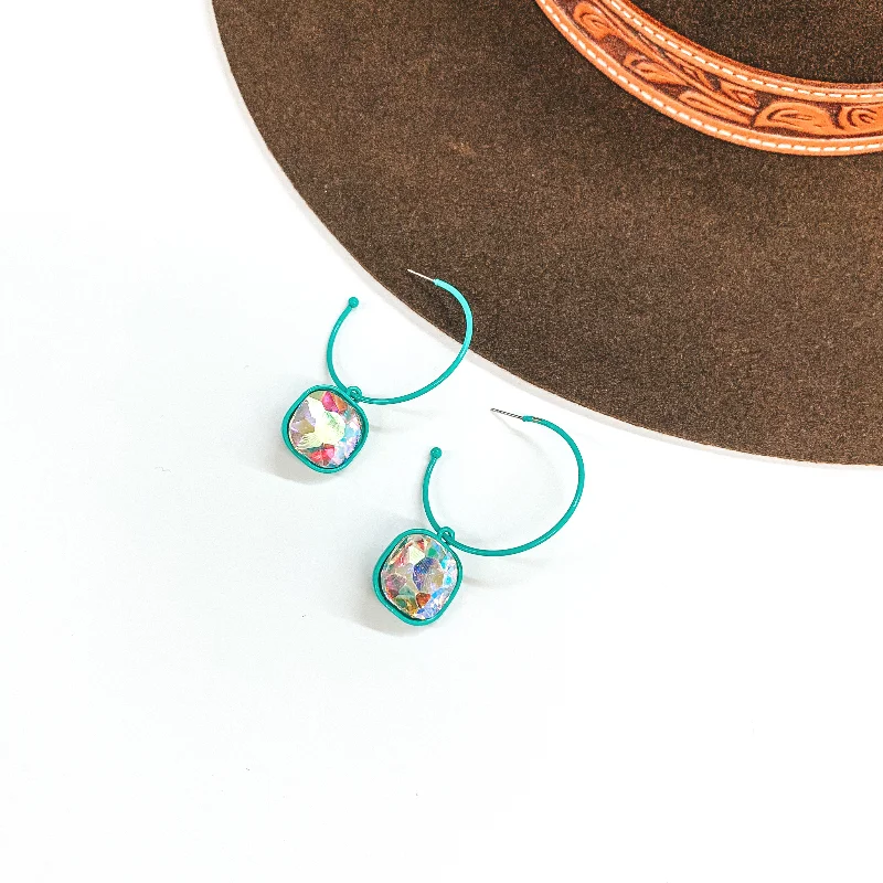 Trendy Drop Earrings-Open Ended Hoop Earrings with Hanging Cushion Cut AB Crystal in Turquoise