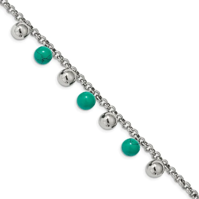 Vintage Charm Bracelet-Stainless Steel Polished w/Imit.Turquoise Beads w/2in ext. 7in Bracelet